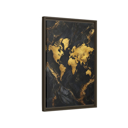 Side Mockup 2. Maps World Map Gold And Black Map shown as stretched canvas wall art