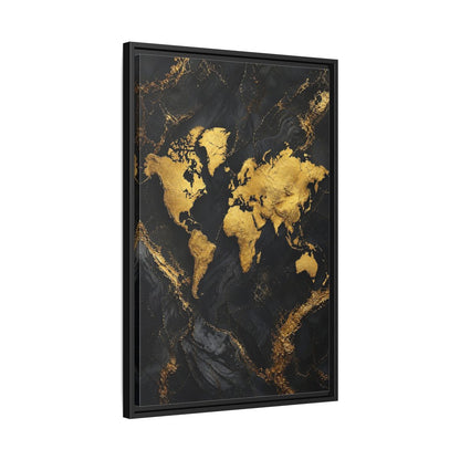 Side Mockup 14. Maps World Map Gold And Black Map shown as stretched canvas wall art