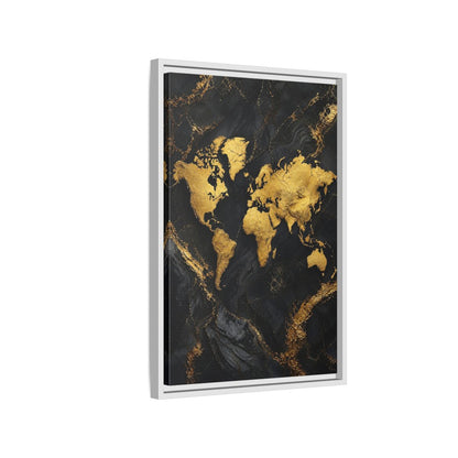 Side Mockup 1. Maps World Map Gold And Black Map shown as stretched canvas wall art