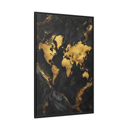 Side Mockup 12. Maps World Map Gold And Black Map shown as stretched canvas wall art