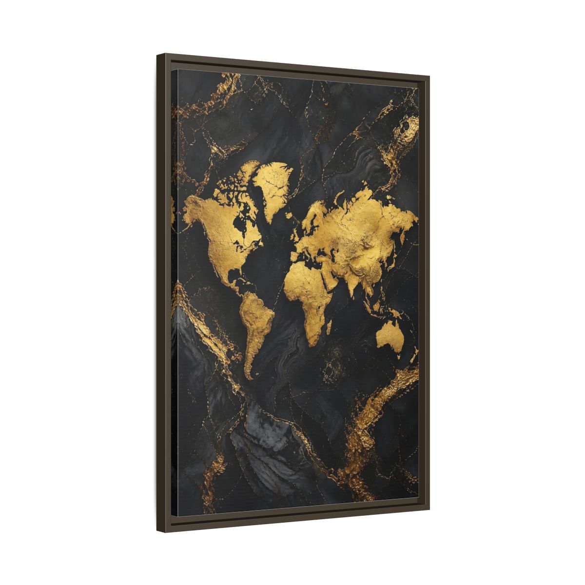 Side Mockup 11. Maps World Map Gold And Black Map shown as stretched canvas wall art