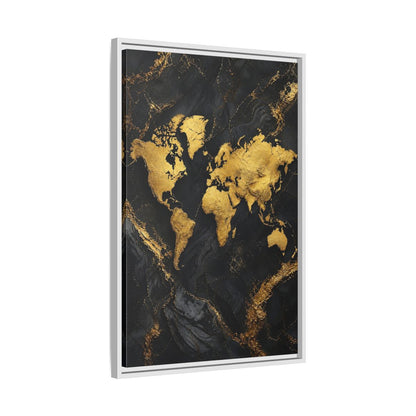 Side Mockup 10. Maps World Map Gold And Black Map shown as stretched canvas wall art