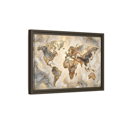 Side Mockup 5. Maps World Map Gold And Gray Map shown as stretched canvas wall art