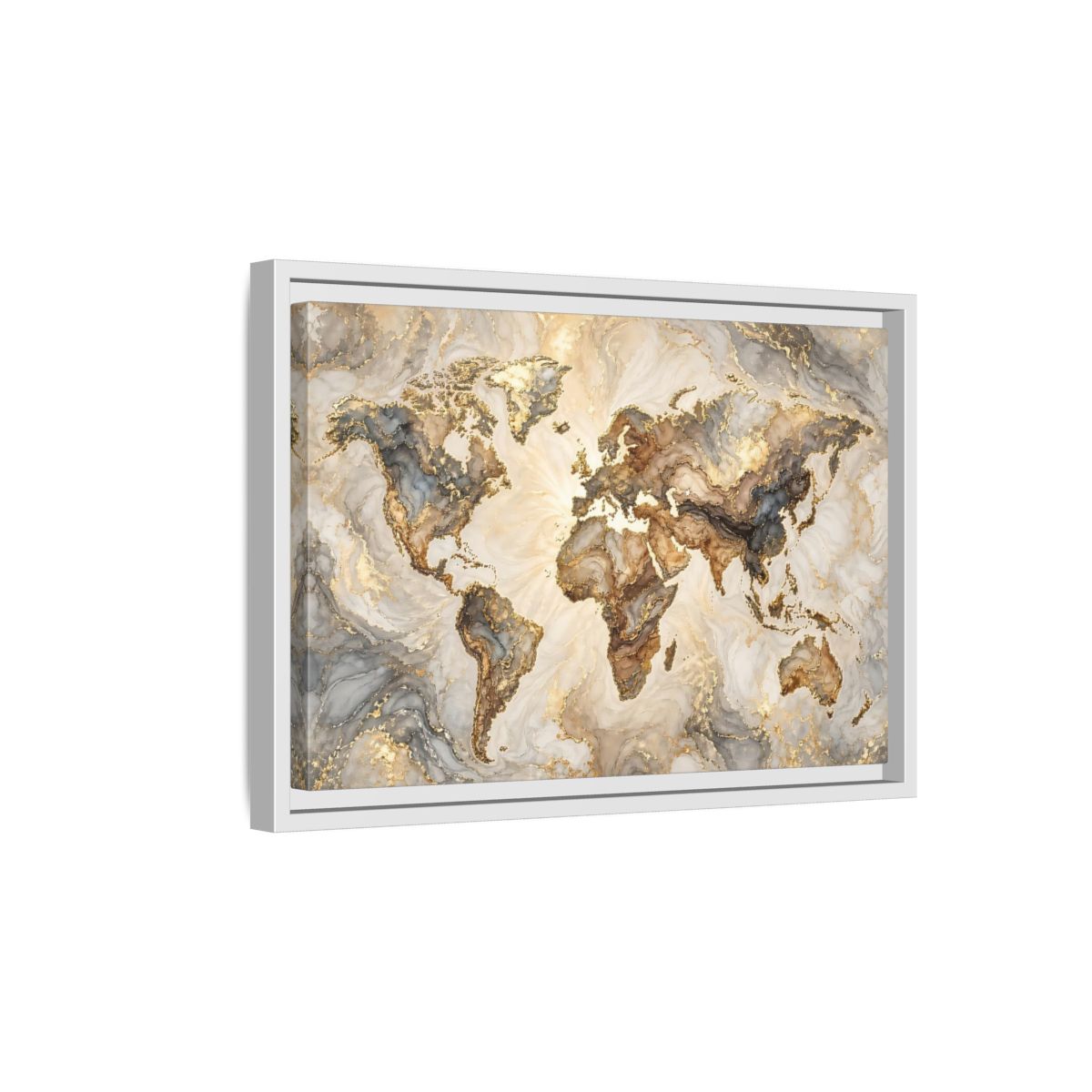 Side Mockup 4. Maps World Map Gold And Gray Map shown as stretched canvas wall art