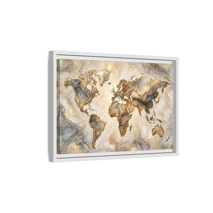 Side Mockup 4. Maps World Map Gold And Gray Map shown as stretched canvas wall art