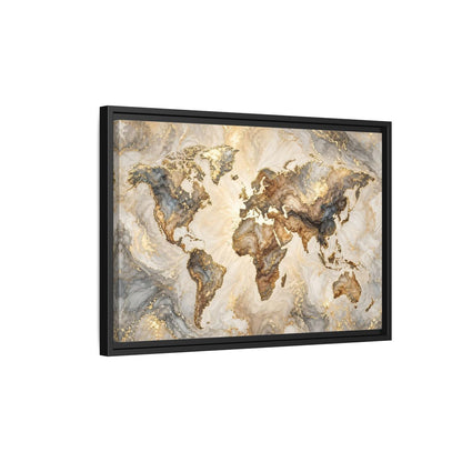 Side Mockup 3. Maps World Map Gold And Gray Map shown as stretched canvas wall art