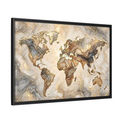Side Mockup 13. Maps World Map Gold And Gray Map shown as stretched canvas wall art