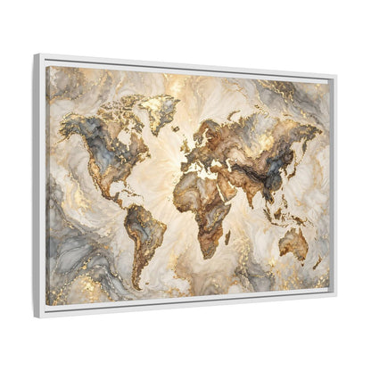 Side Mockup 10. Maps World Map Gold And Gray Map shown as stretched canvas wall art