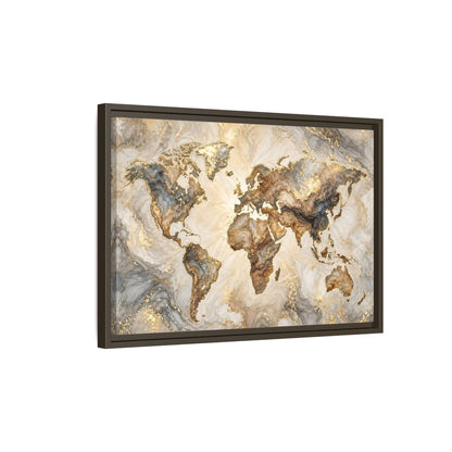 Side Mockup 2. Maps World Map Gold And Gray Map shown as stretched canvas wall art