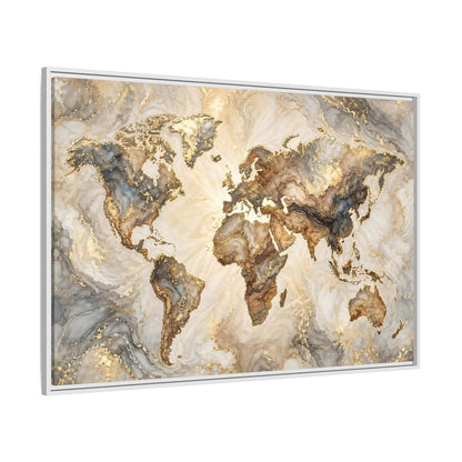 Side Mockup 7. Maps World Map Gold And Gray Map shown as stretched canvas wall art