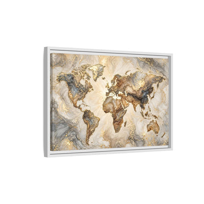 Side Mockup 1. Maps World Map Gold And Gray Map shown as stretched canvas wall art