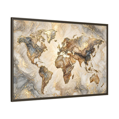 Side Mockup 8. Maps World Map Gold And Gray Map shown as stretched canvas wall art
