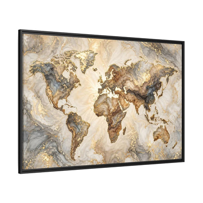 Side Mockup 12. Maps World Map Gold And Gray Map shown as stretched canvas wall art