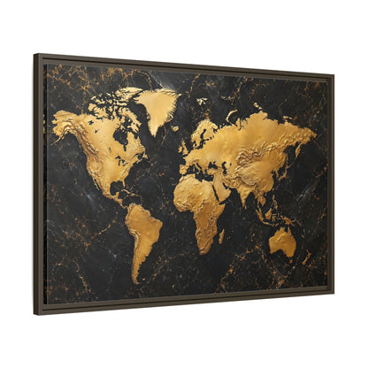 Main Mockup. Maps World Map Black And Gold shown as stretched canvas wall art