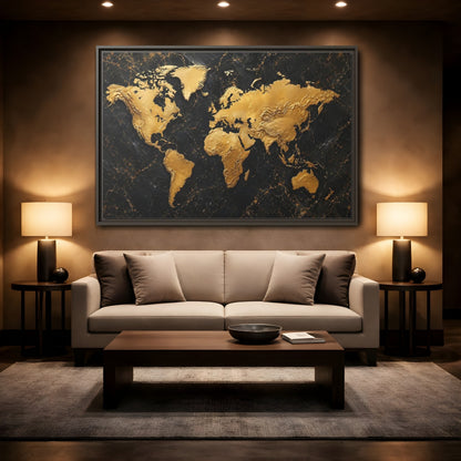 Mockup 2. Maps World Map Black And Gold shown as stretched canvas wall art