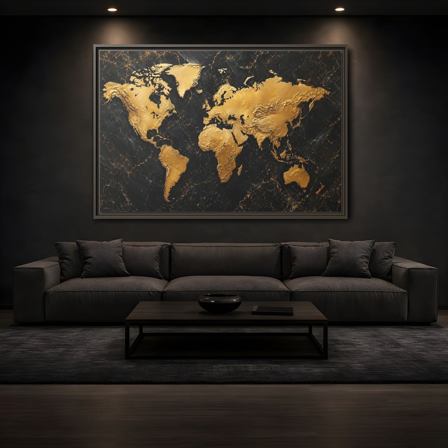 Mockup 3. Maps World Map Black And Gold shown as stretched canvas wall art