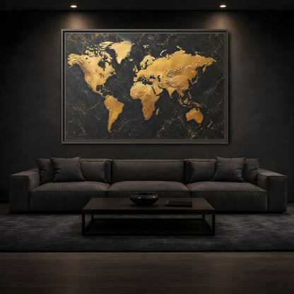 Mockup 3. Maps World Map Black And Gold shown as stretched canvas wall art
