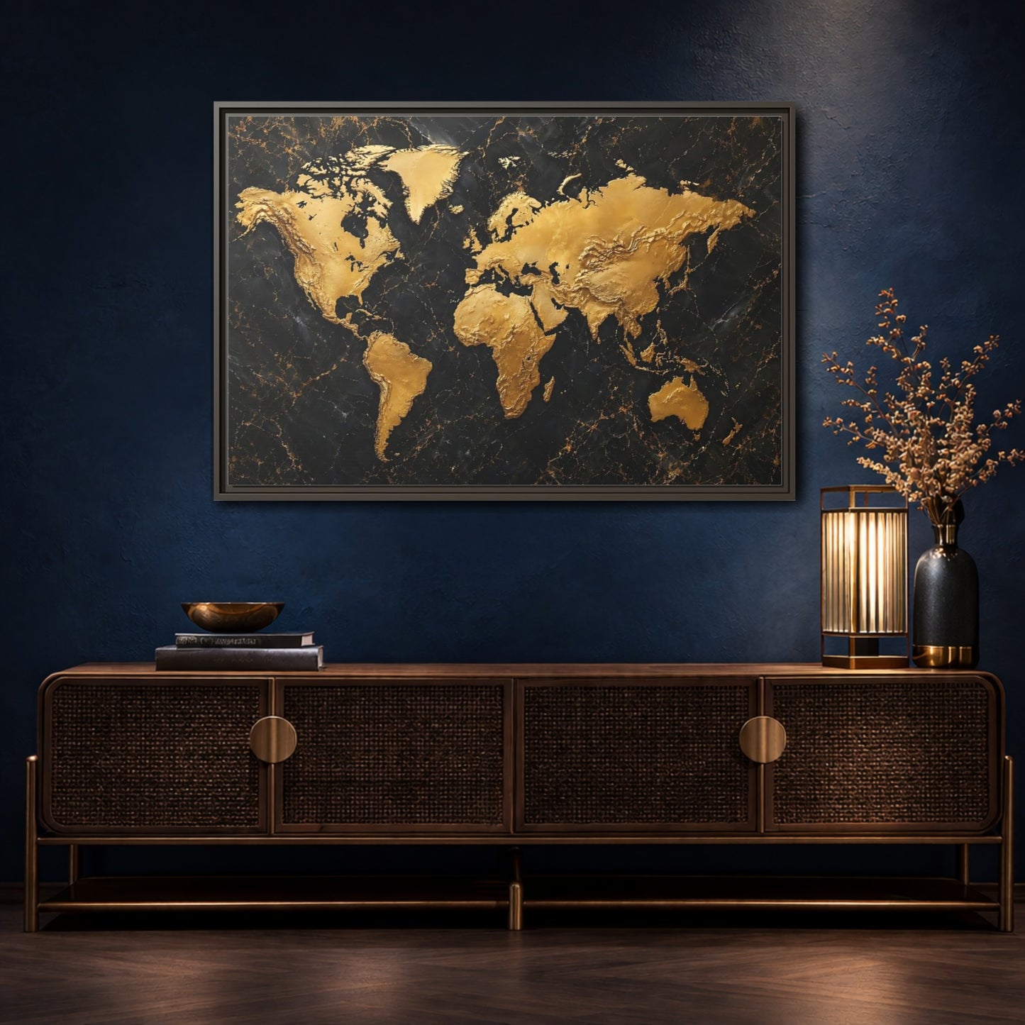 Mockup 4. Maps World Map Black And Gold shown as stretched canvas wall art