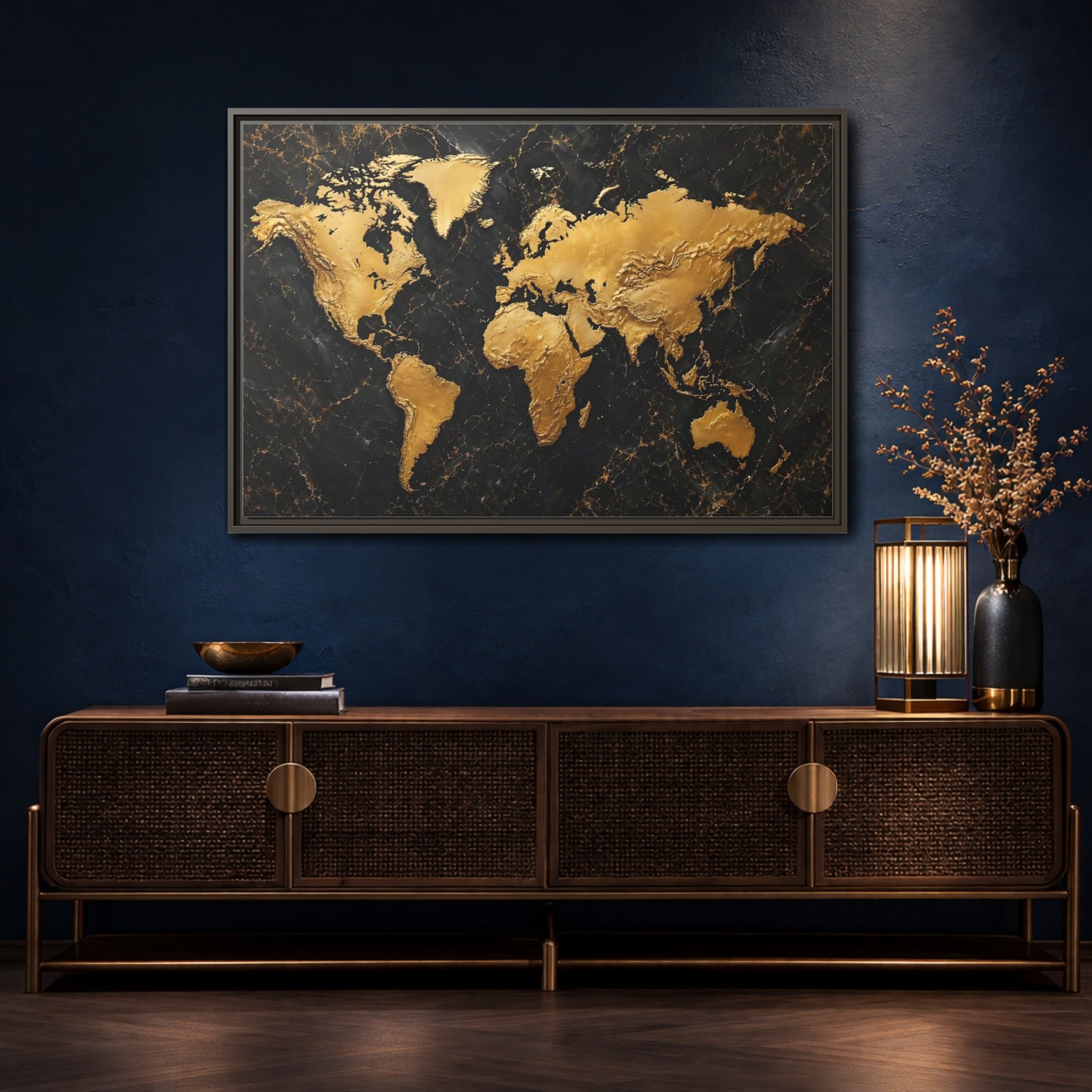 Mockup 4. Maps World Map Black And Gold shown as stretched canvas wall art