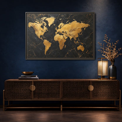 Mockup 4. Maps World Map Black And Gold shown as stretched canvas wall art