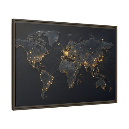 Main Mockup. Maps World Map Black Gold Map shown as stretched canvas wall art