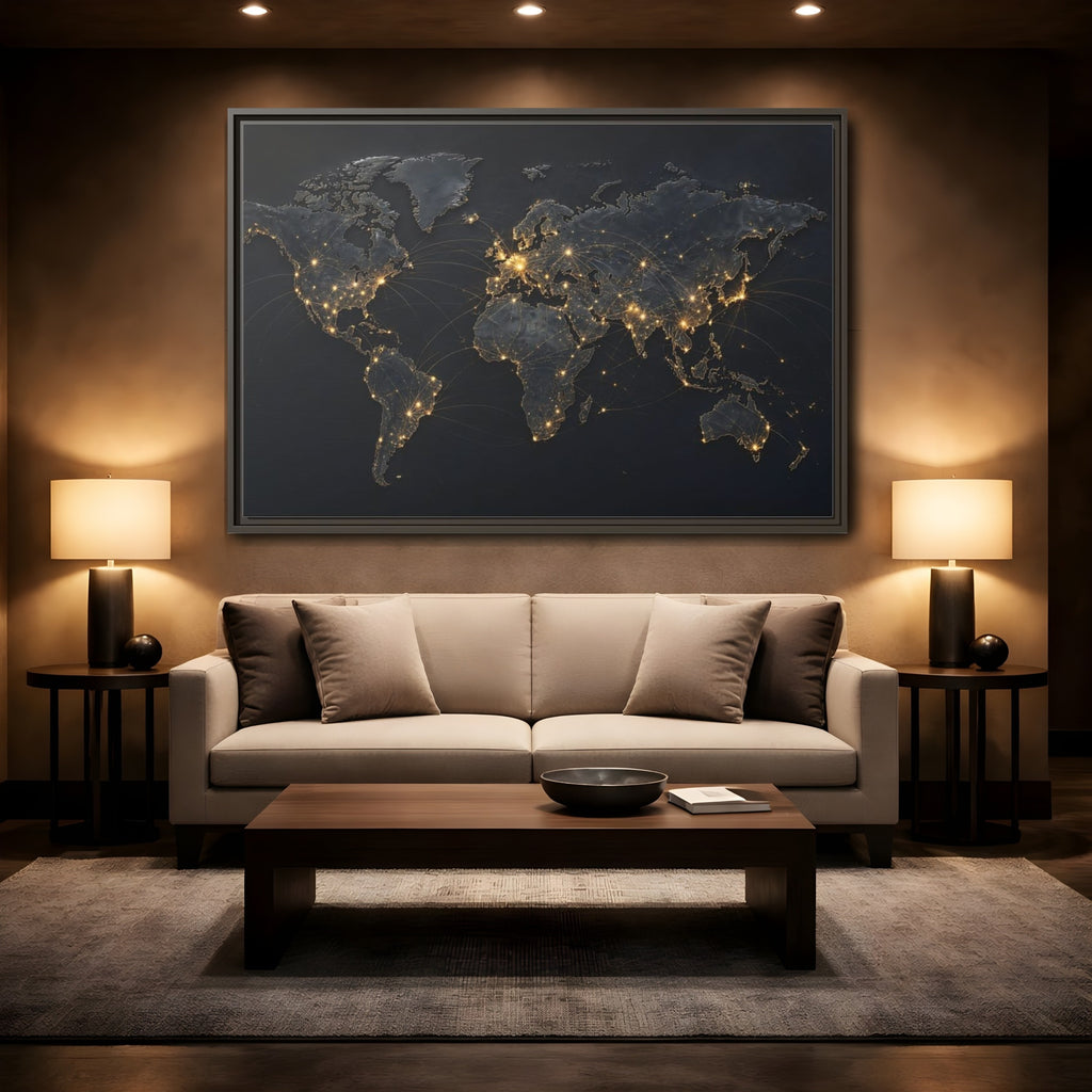 Mockup 2. Maps World Map Black Gold Map shown as stretched canvas wall art