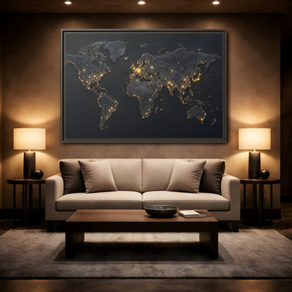 Mockup 2. Maps World Map Black Gold Map shown as stretched canvas wall art