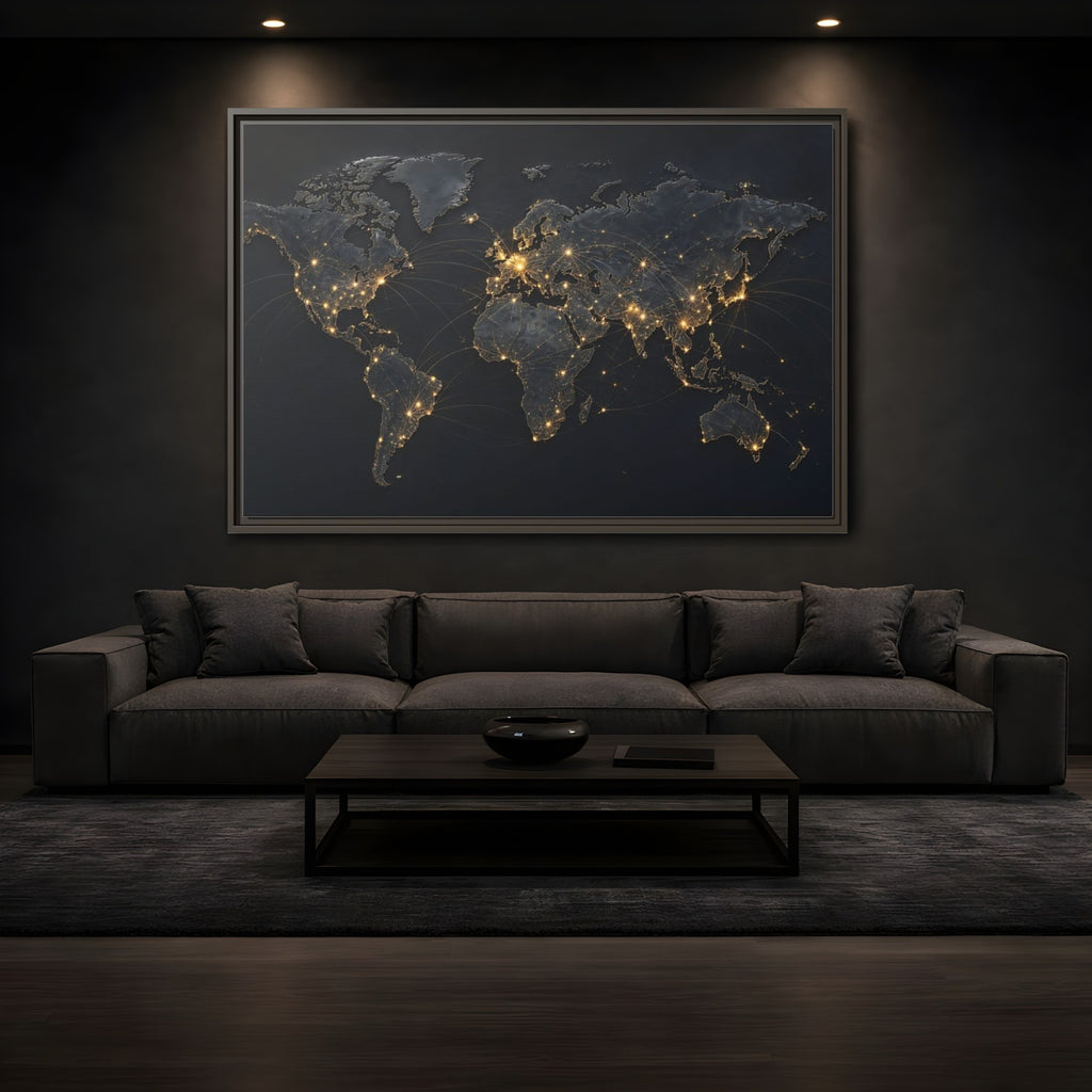 Mockup 3. Maps World Map Black Gold Map shown as stretched canvas wall art