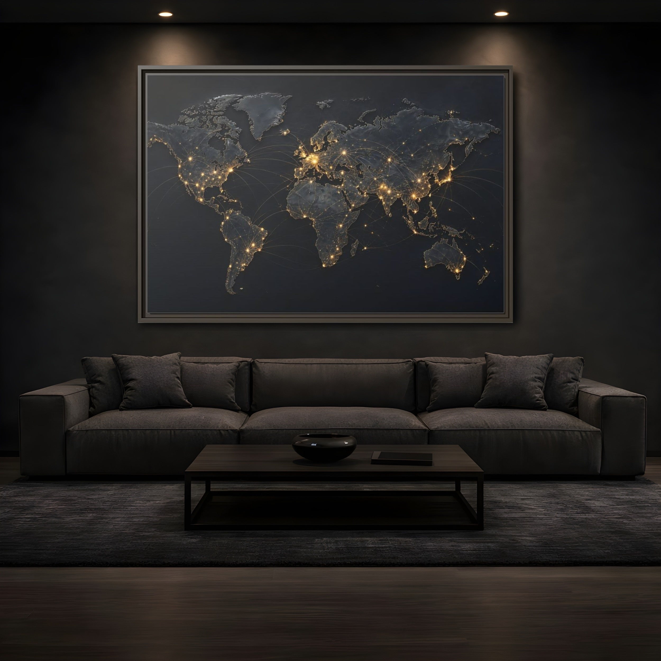 Mockup 3. Maps World Map Black Gold Map shown as stretched canvas wall art