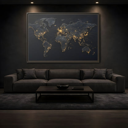 Mockup 3. Maps World Map Black Gold Map shown as stretched canvas wall art