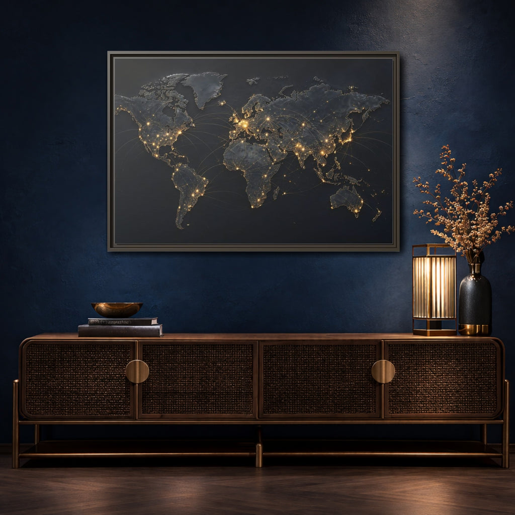 Mockup 4. Maps World Map Black Gold Map shown as stretched canvas wall art