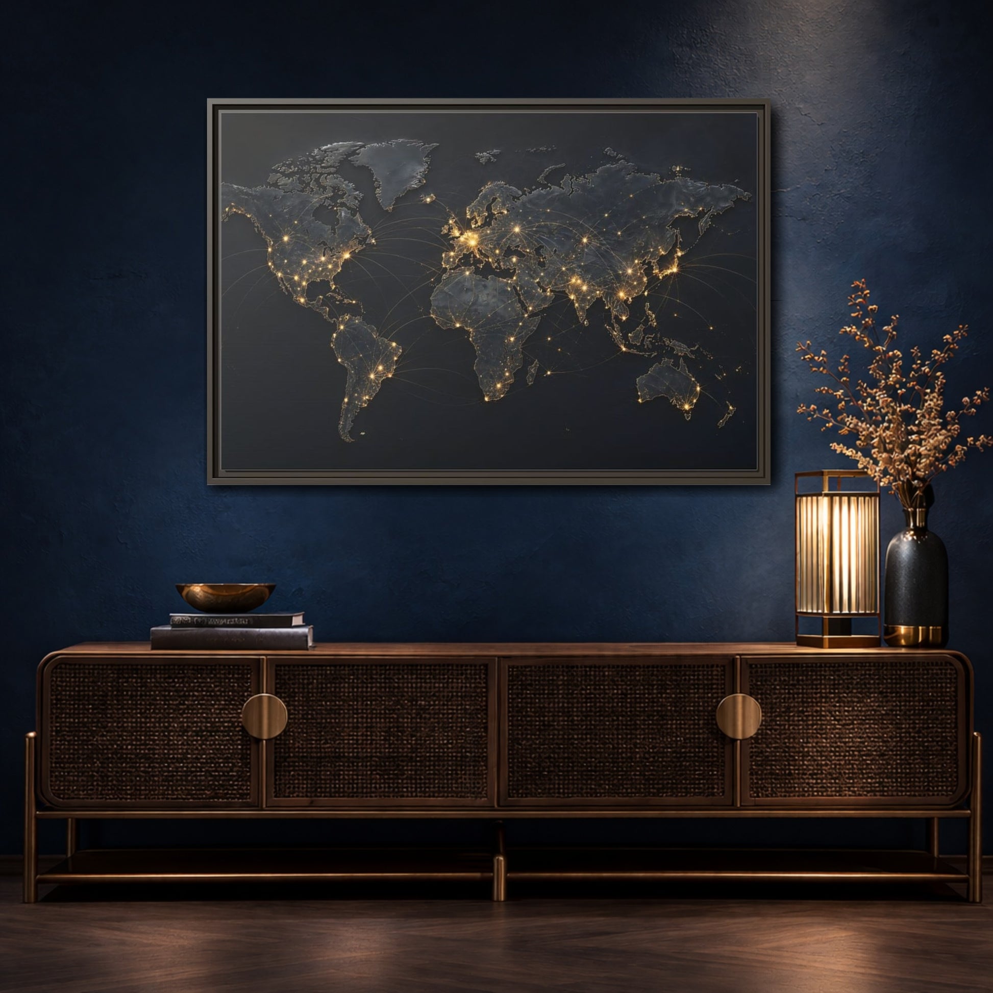 Mockup 4. Maps World Map Black Gold Map shown as stretched canvas wall art