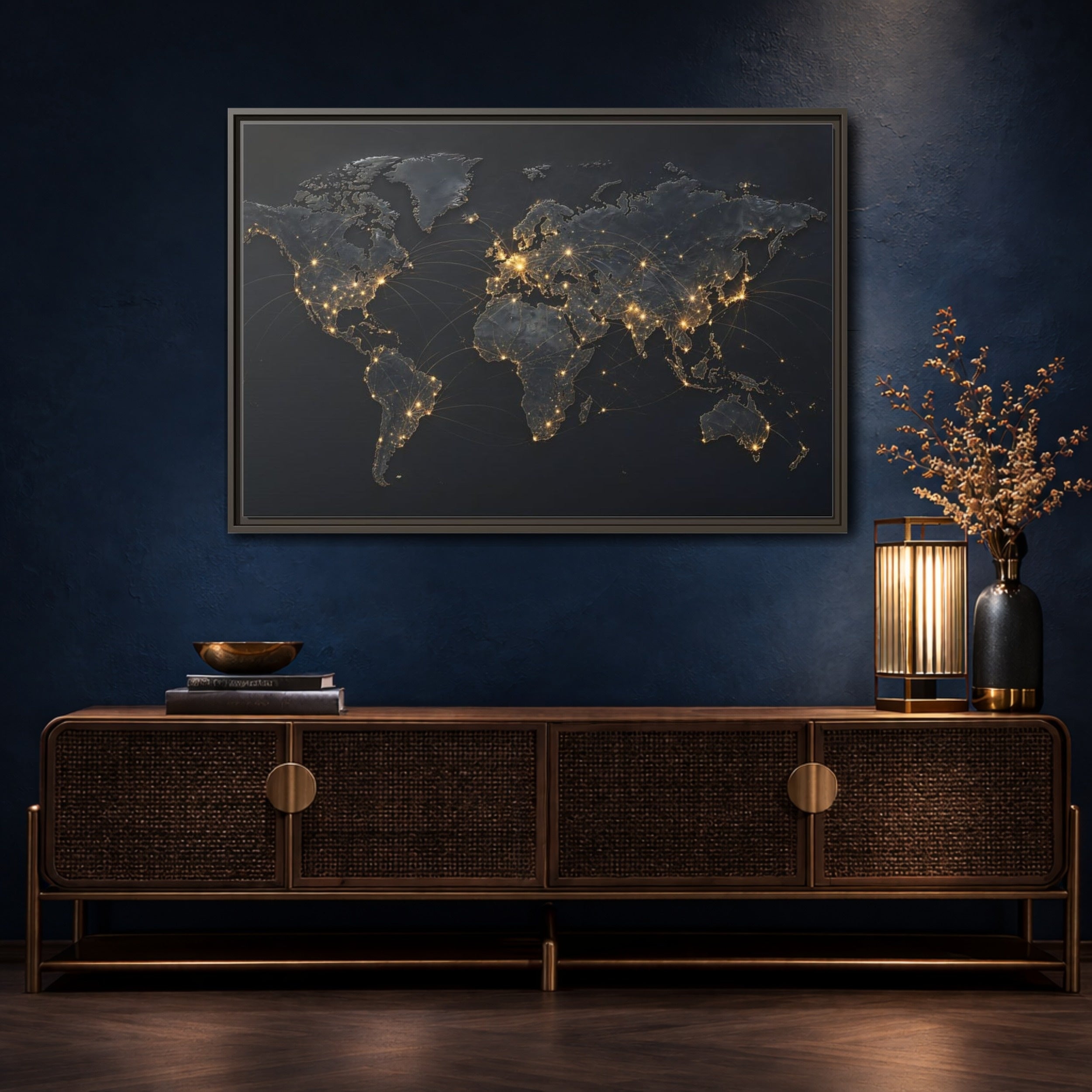 Mockup 4. Maps World Map Black Gold Map shown as stretched canvas wall art