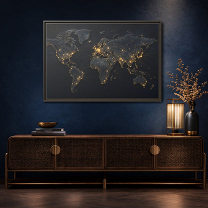 Mockup 4. Maps World Map Black Gold Map shown as stretched canvas wall art