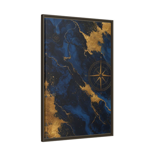 Main Mockup. Maps World Map Blue And Gold shown as stretched canvas wall art