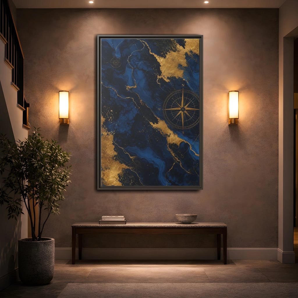 Mockup 2. Maps World Map Blue And Gold shown as stretched canvas wall art