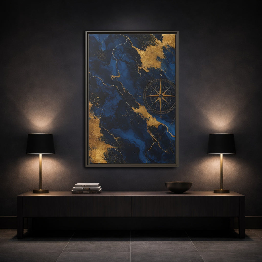 Mockup 3. Maps World Map Blue And Gold shown as stretched canvas wall art