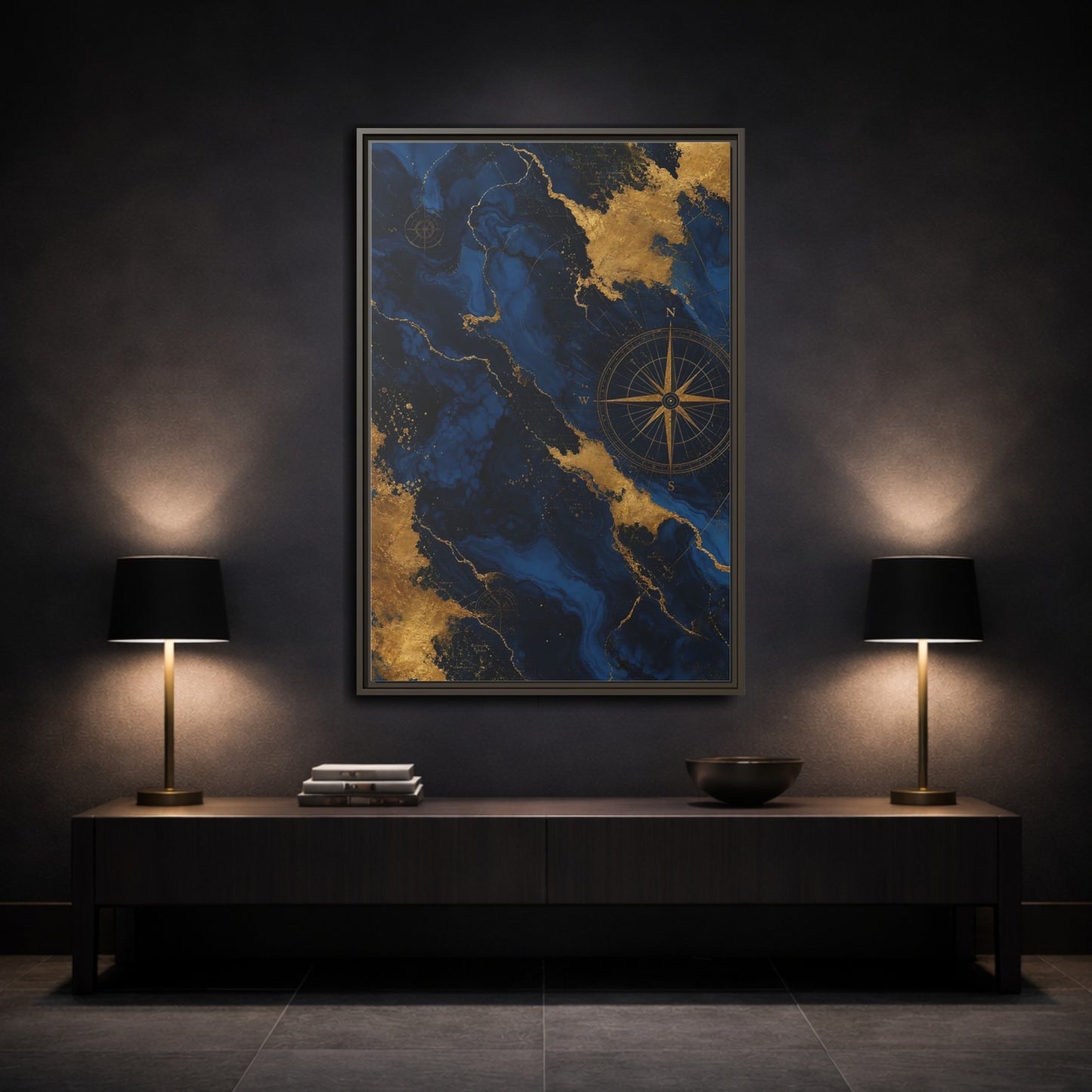 Mockup 3. Maps World Map Blue And Gold shown as stretched canvas wall art