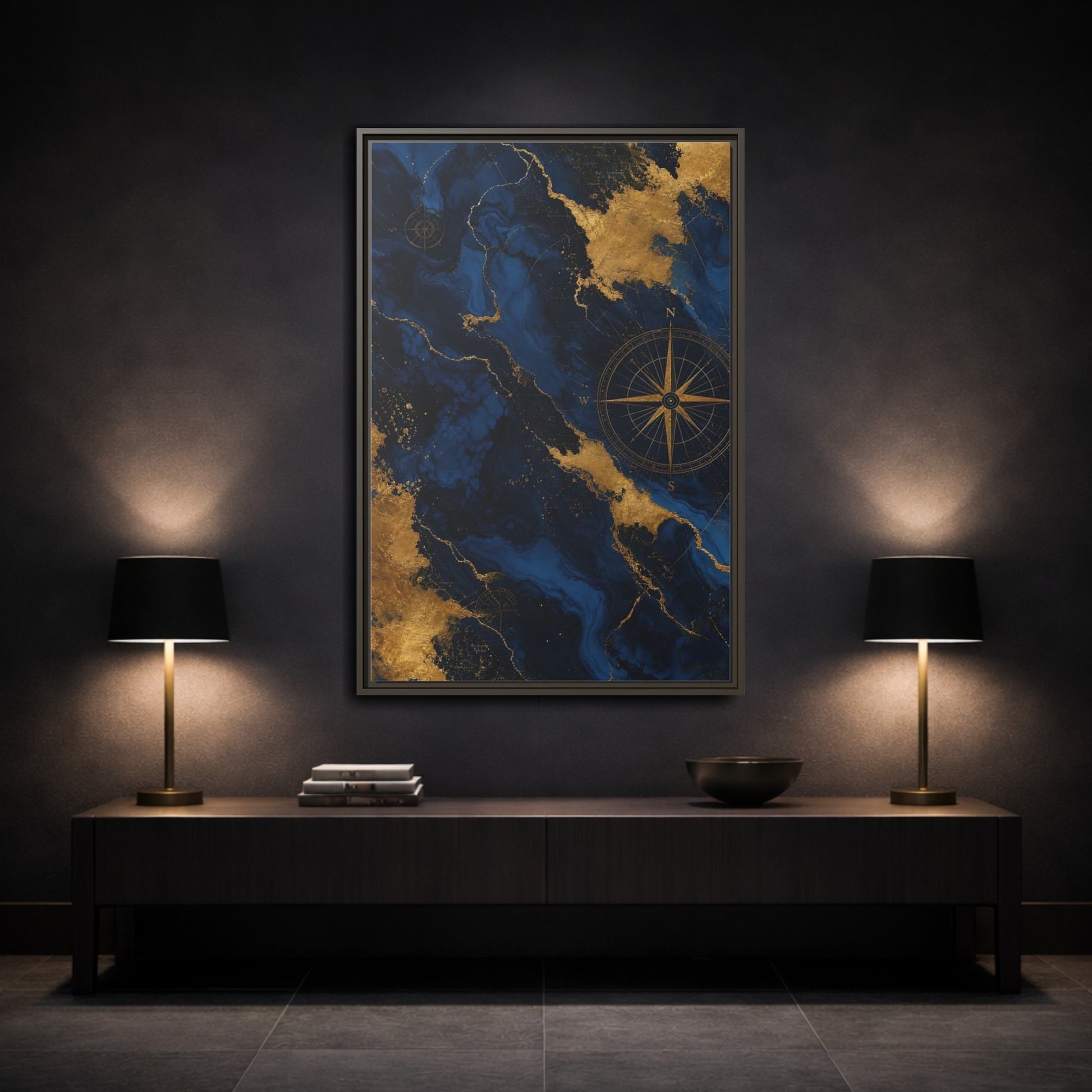 Mockup 3. Maps World Map Blue And Gold shown as stretched canvas wall art