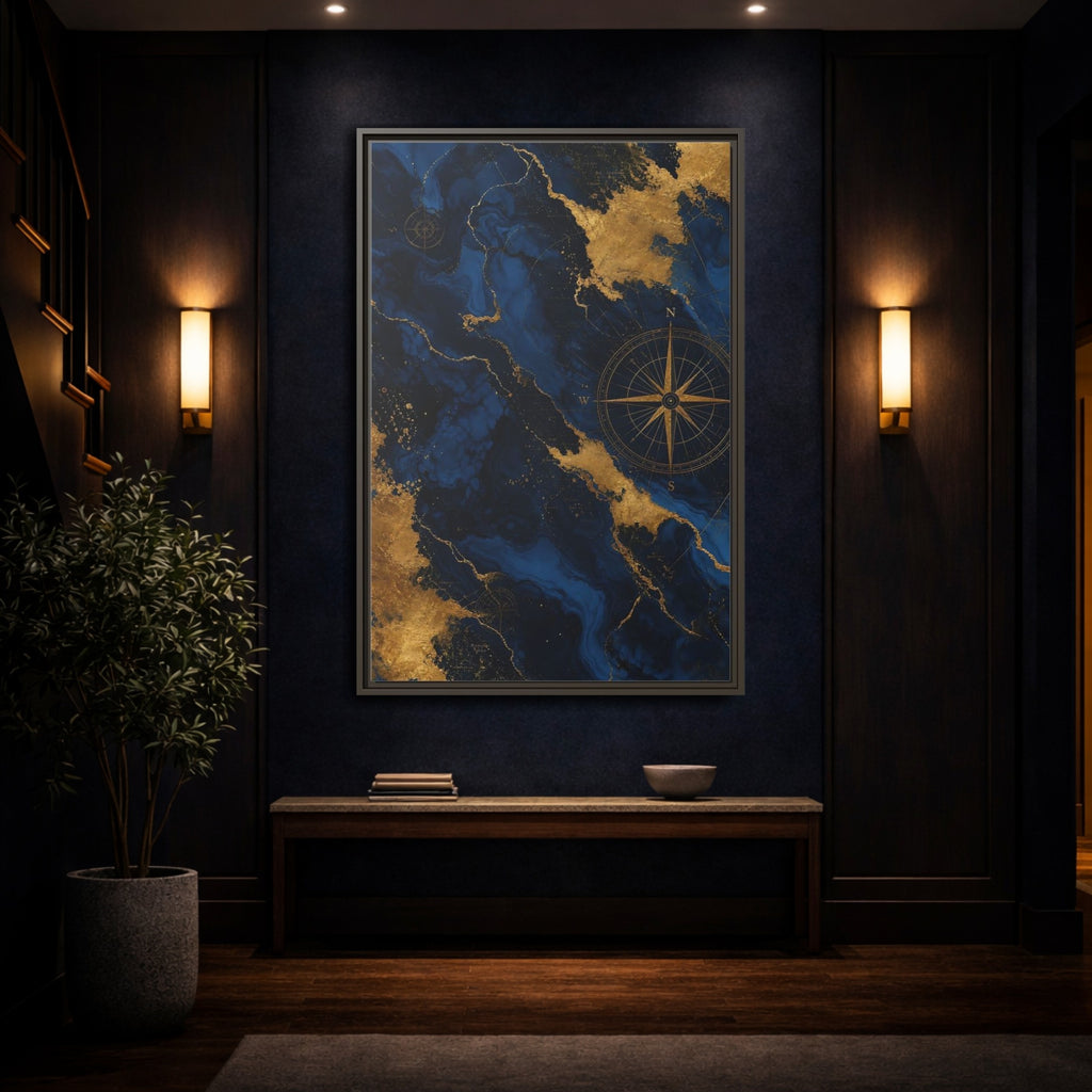Mockup 4. Maps World Map Blue And Gold shown as stretched canvas wall art