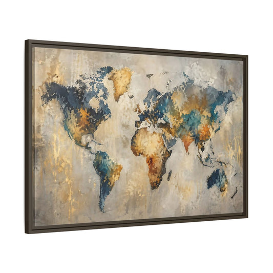 Main Mockup. Maps World Map Blue Gold World Map shown as stretched canvas wall art