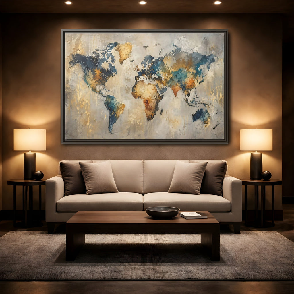 Mockup 2. Maps World Map Blue Gold World Map shown as stretched canvas wall art