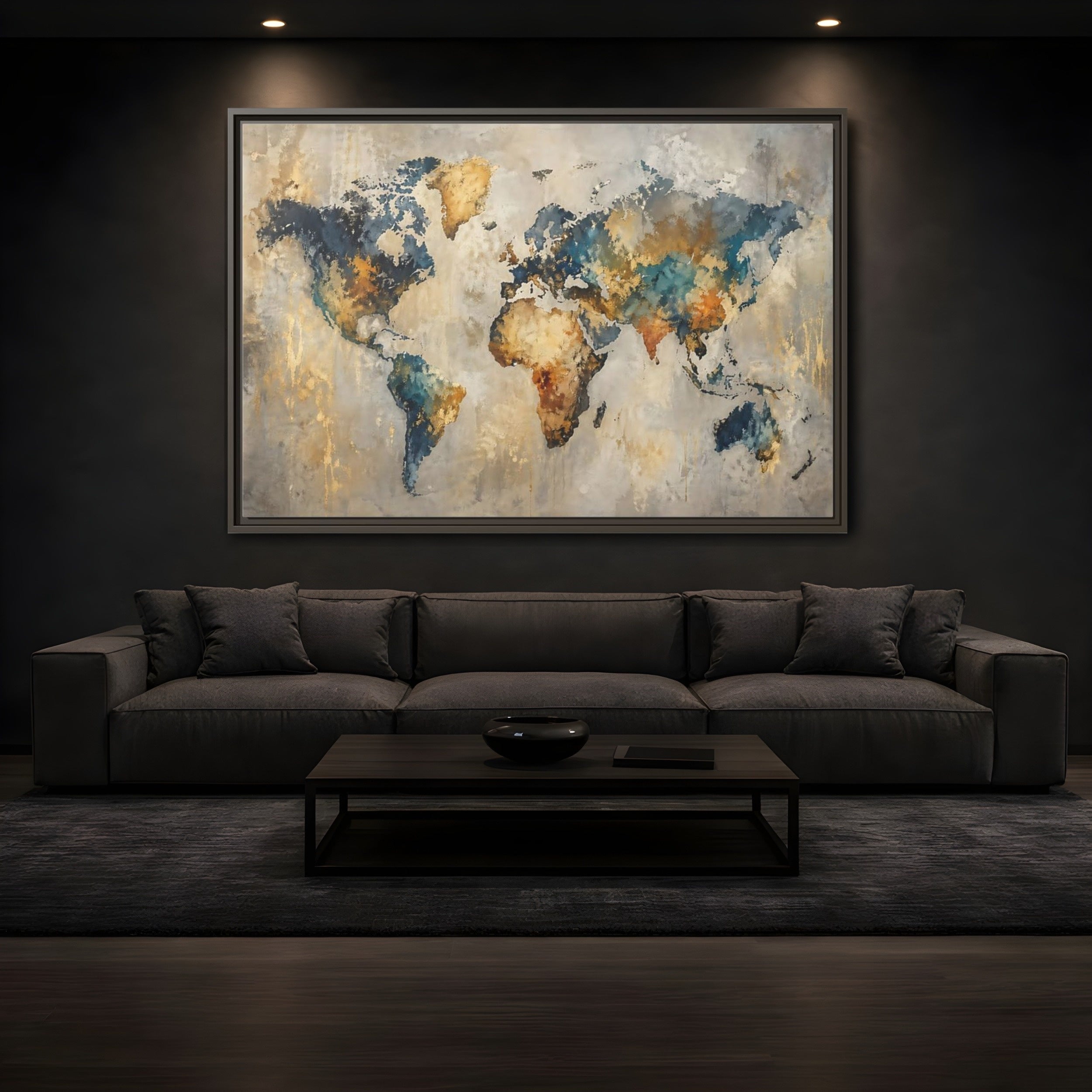 Mockup 3. Maps World Map Blue Gold World Map shown as stretched canvas wall art