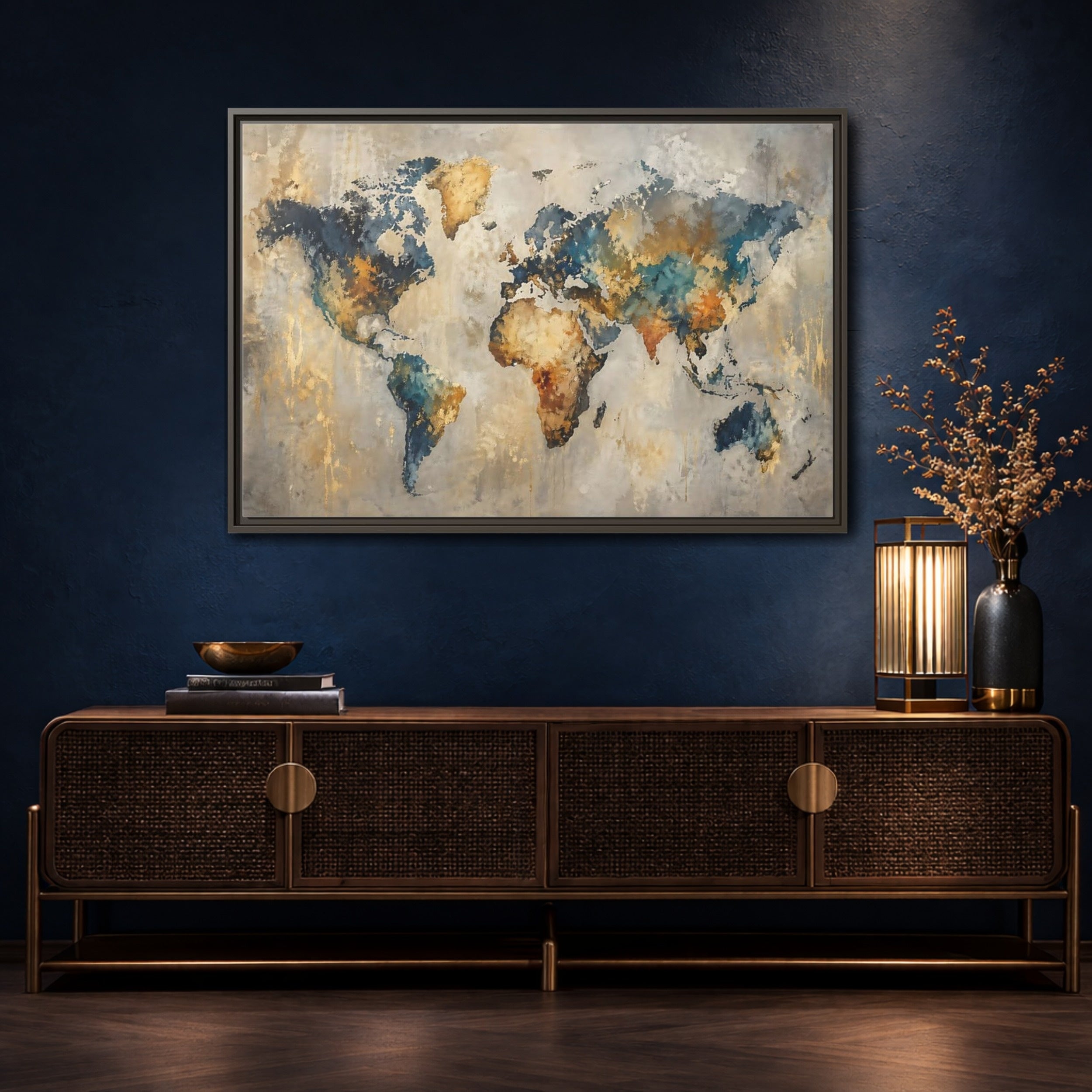 Mockup 4. Maps World Map Blue Gold World Map shown as stretched canvas wall art