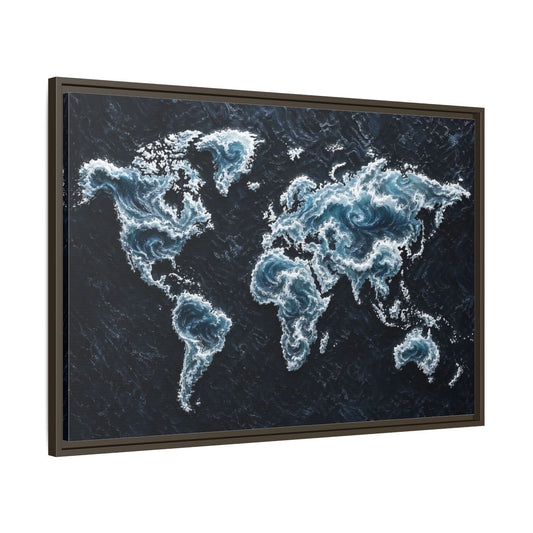 Main Mockup. Maps World Map Dark Blue Map shown as stretched canvas wall art