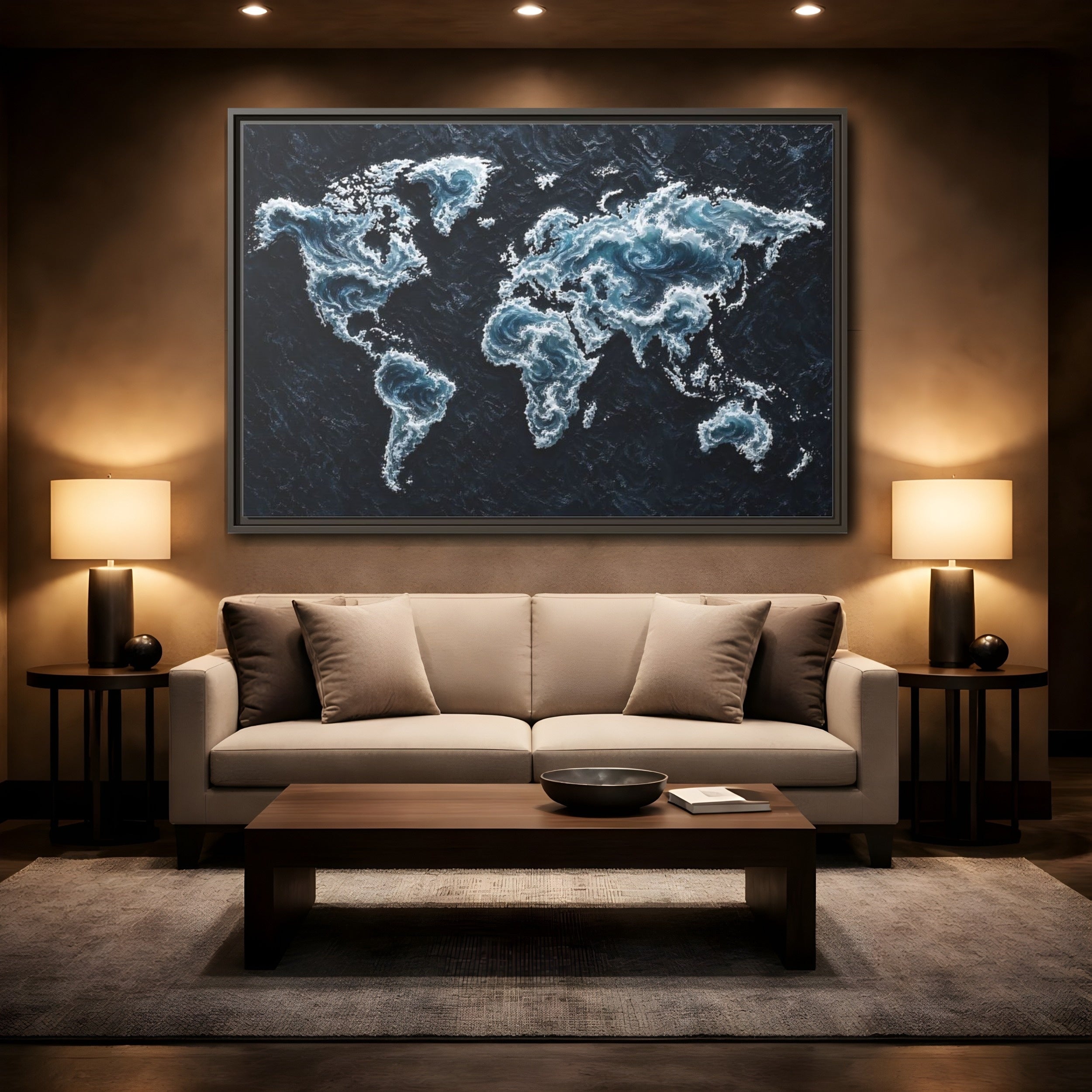 Mockup 2. Maps World Map Dark Blue Map shown as stretched canvas wall art