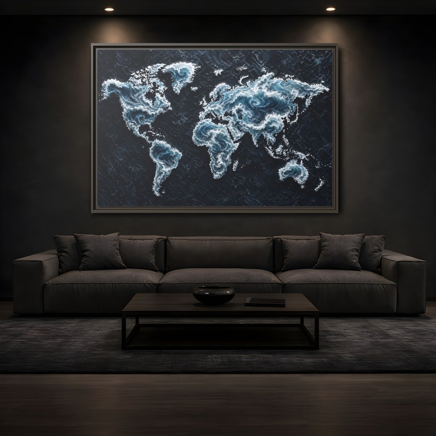 Mockup 3. Maps World Map Dark Blue Map shown as stretched canvas wall art