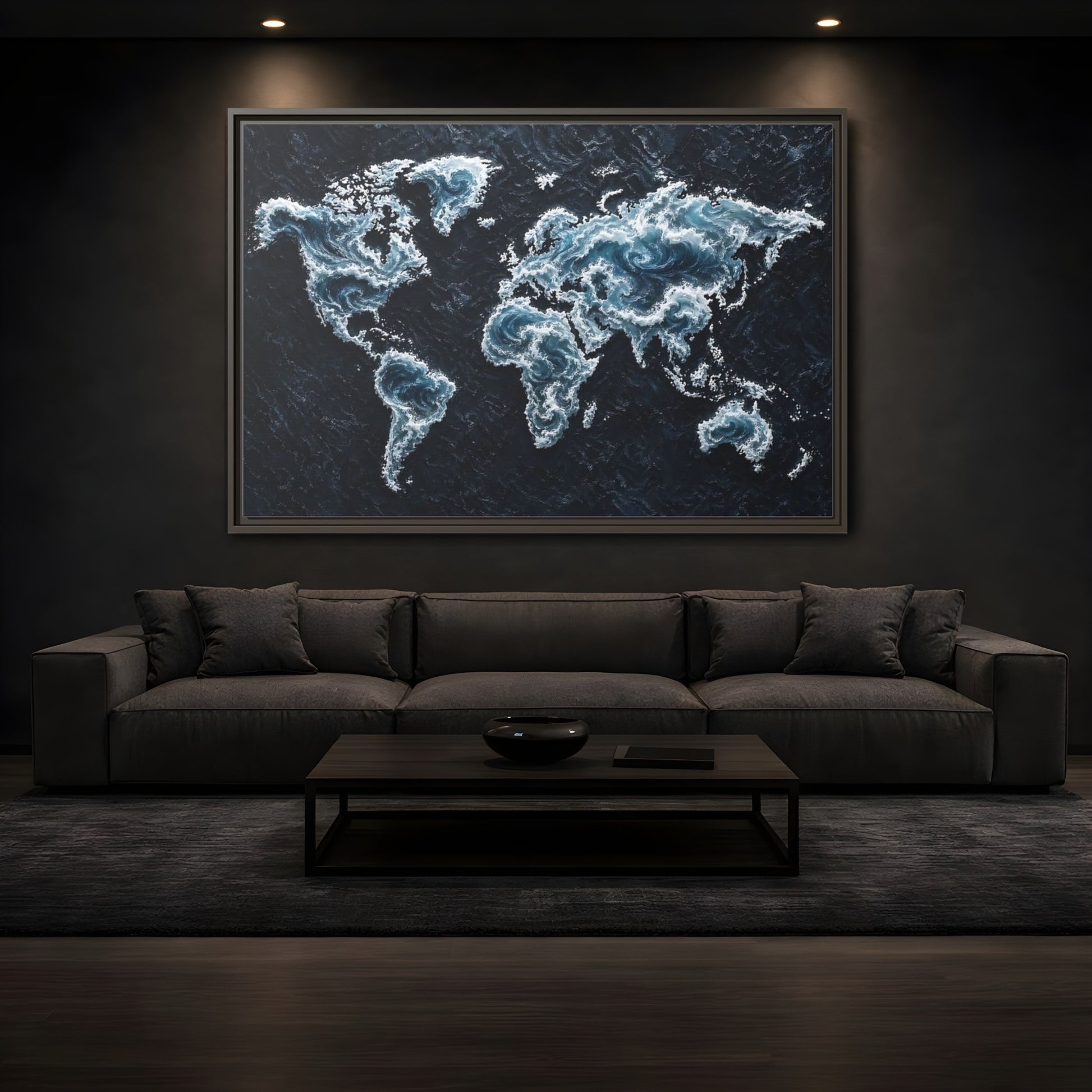 Mockup 3. Maps World Map Dark Blue Map shown as stretched canvas wall art