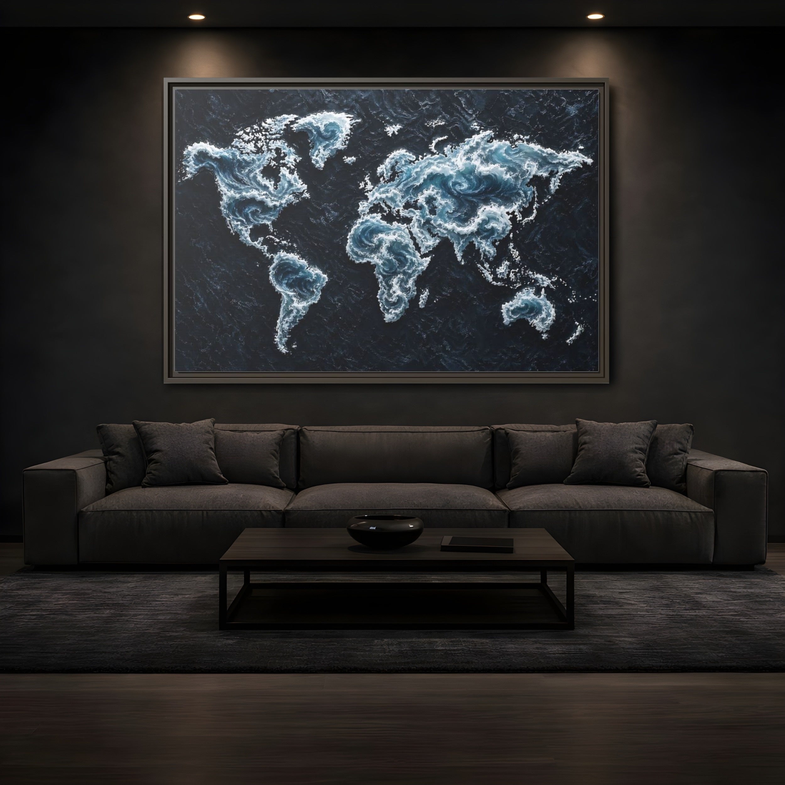 Mockup 3. Maps World Map Dark Blue Map shown as stretched canvas wall art