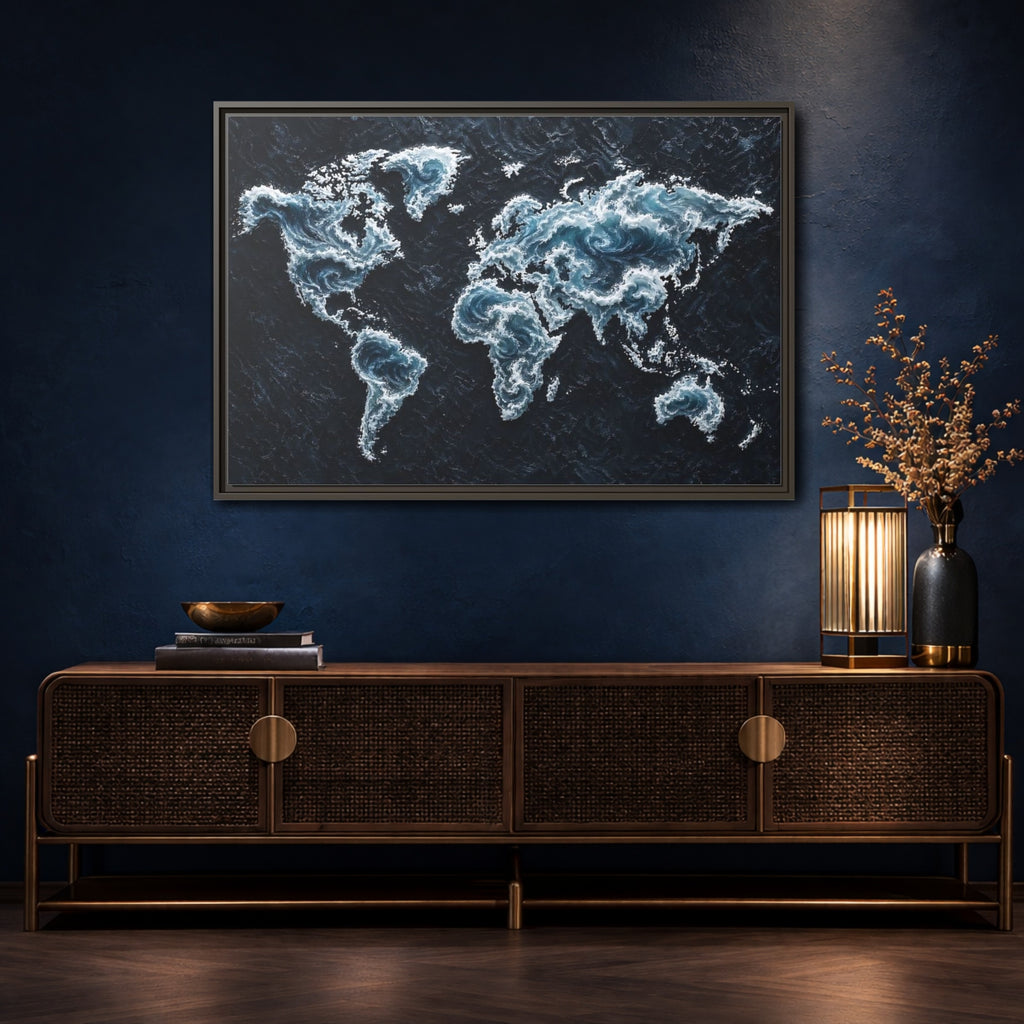 Mockup 4. Maps World Map Dark Blue Map shown as stretched canvas wall art